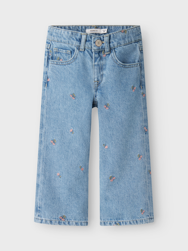 NAME IT - Rose Wide Jeans Kirsebær Broderi Light Blue Denim